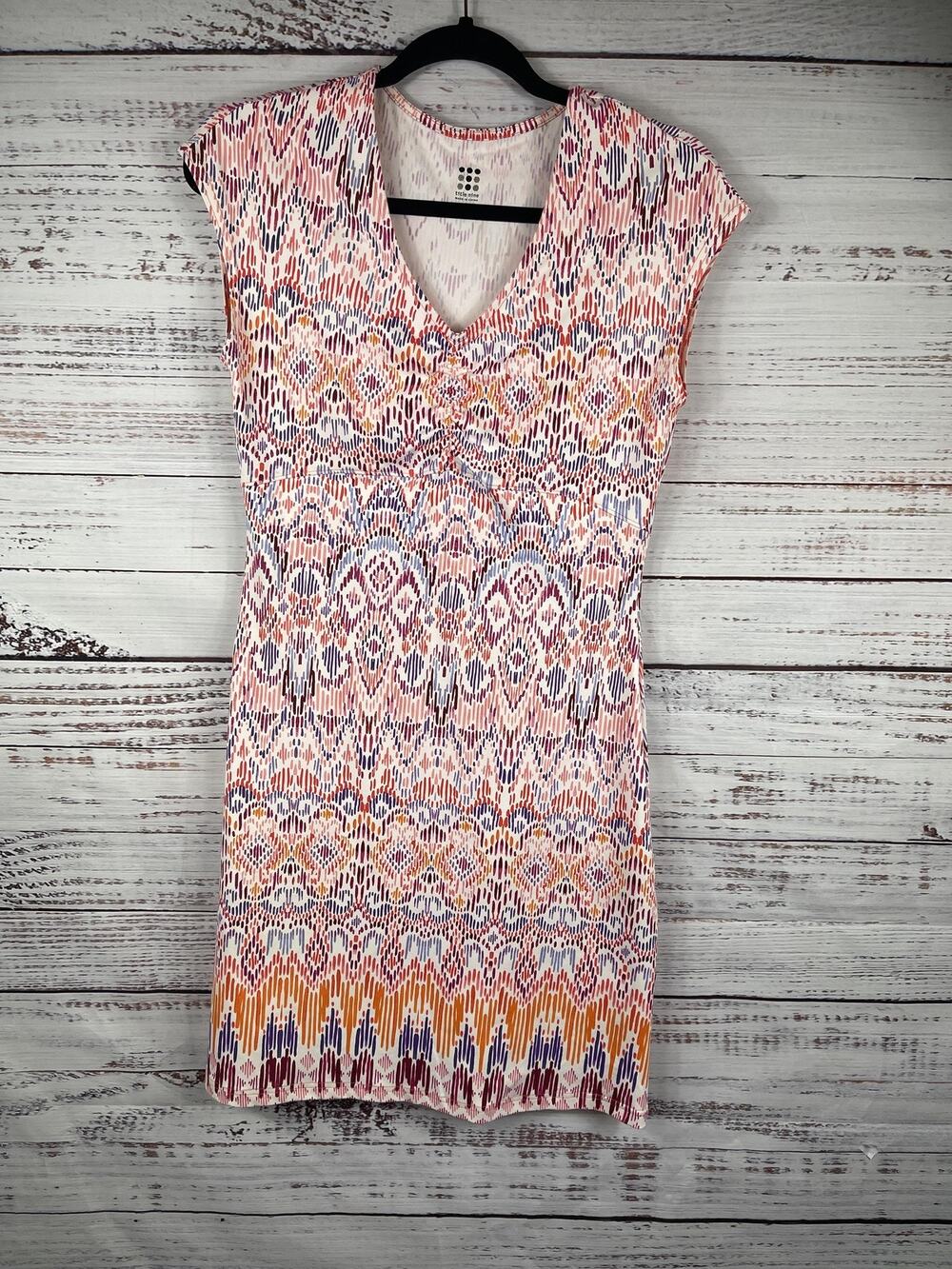 Title Nine Dress Womens SZ Small Pink Orange Ikat Print Sleeveless V Neck Ruched